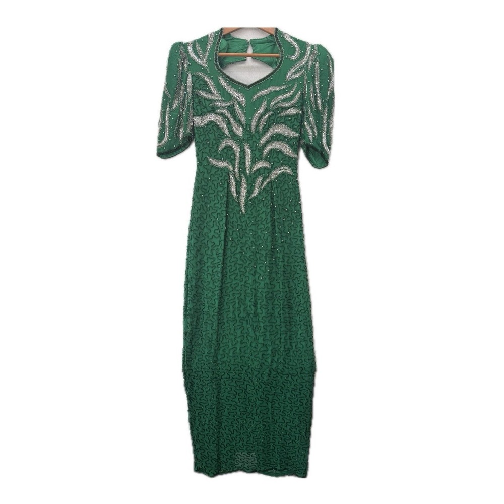 Vintage 1980s Green Silk Beaded Art Deco Maxi Gown Formal Evening XS